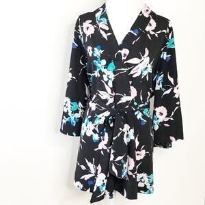 Lane Bryant 18 | 20 1X Black Floral Top Kimono Sleeve Belted V Neck Long Tunic
